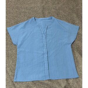 Emery Rose Womens Large Blouse Blue Short Sleeve V-Neck Textured Vertical Stripe